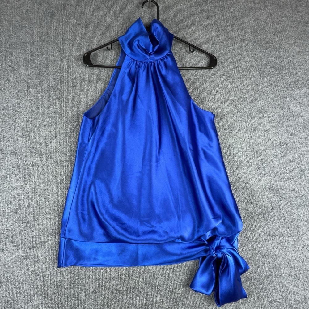 NW Collections Blouse Womens Medium Blue Halter Satin Bow Hem Sleeveless Top